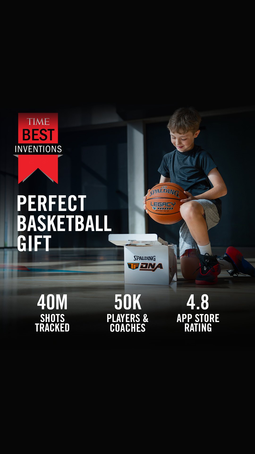 Spalding social ad: a boy with a Legacy basketball and the headline Perfect Basketball Gift